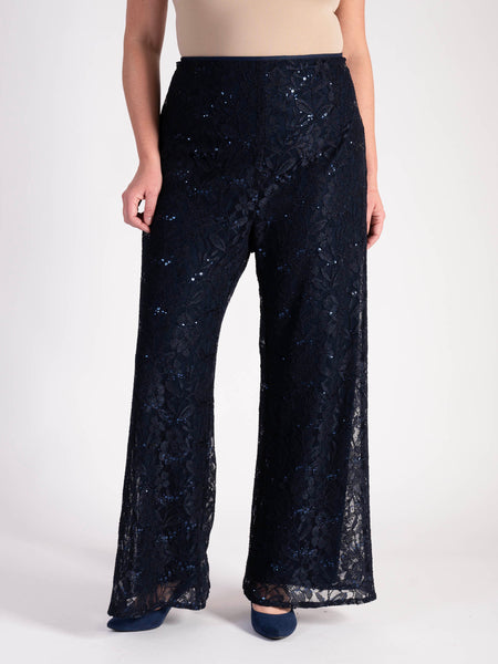 Navy Jersey Lined Sequin Lace Trousers