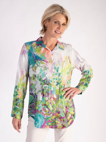 A Green/Multi Abstract Spring Flowers Print Pintuck Shirt