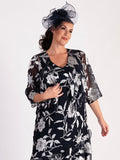 Navy/Silver Burnout Floral Leaf Dress and Jacket Set