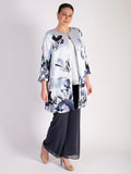 Pale Aqua/Silver Floral Placement Edge to Edge Contrast Lined Satin Twill Coat