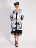 Pale Aqua/Silver Floral Placement Edge to Edge Contrast Lined Satin Twill Coat