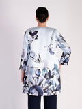 Pale Aqua/Silver Floral Placement Edge to Edge Contrast Lined Satin Twill Coat