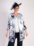Pale Aqua/Silver Floral Placement Edge to Edge Contrast Lined Satin Twill Coat