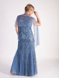Blue Sequin Dress With Mesh Godet & Mesh Scarf