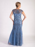 Blue Sequin Dress With Mesh Godet & Mesh Scarf