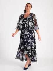 Navy/Silver Burnout Floral Leaf Dress and Jacket Set