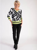 White/Black/Lime Floral Print Knitted Pullover
