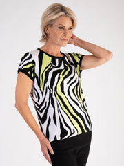 White/Black/Lime Short Sleeve Animal Stripe Knitted Pullover