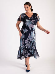 Navy/Lilac Enchanted Leaf Devoree Dress with Chiffon Neckline