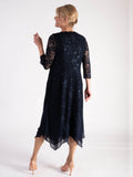 Dark Navy Sequin Lace Dress with Chiffon Trim