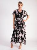 Black/Pink Wild Roses Printed Chiffon Dress