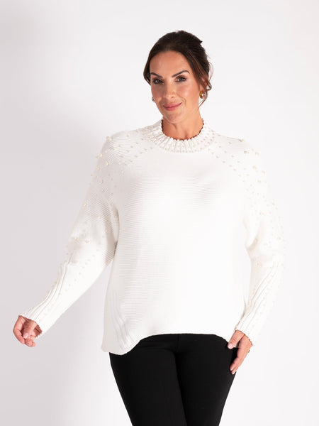 White Crew Neck Jumper With Pearl Details