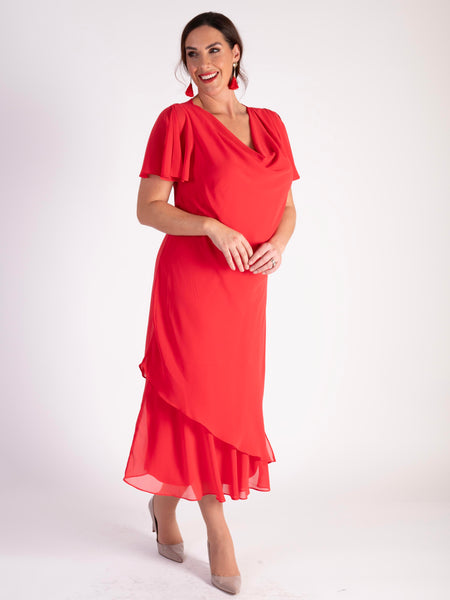 Poppy Double Layer Chiffon Cowl Neck Dress with Angel Sleeves - Promotion Until 8th May 2024