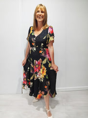 Black/Multi Crepe de Chine Jacquard Floral Split Front V Neck Dress