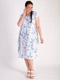 Blue/White Watercolour Floral Print Linen Dress