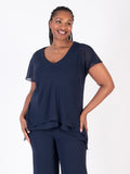 Dark Navy Double Layer Split Sleeve V-Neck Top