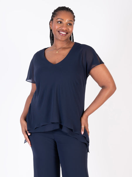 Dark Navy Double Layer Split Sleeve V-Neck Top
