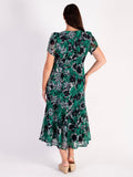 Green/Navy/Ivory Oasis Printed Mesh Pintuck Seamed Dress