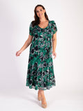 Green/Navy/Ivory Oasis Printed Mesh Pintuck Seamed Dress