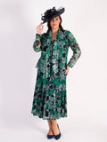Green/Navy/Ivory Oasis Printed Mesh Pintuck Seamed Dress