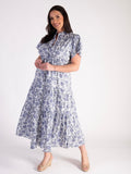 Indigo Blossom Print Short Sleeve Cotton Dress with Drawstring Detail