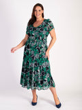 Green/Navy/Ivory Oasis Printed Mesh Pintuck Seamed Dress