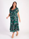 Green/Navy/Ivory Oasis Printed Mesh Pintuck Seamed Dress