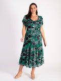 Green/Navy/Ivory Oasis Printed Mesh Pintuck Seamed Dress