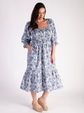 Indigo Blossom Print Short Sleeve Cotton Dress with Shirred Bodice