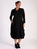Black Collared Drape Dress with Tuck Detail