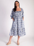 Indigo Blossom Print Short Sleeve Cotton Dress with Shirred Bodice