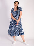 Denim Blue & White Patchwork Lace Print  Jersey Dress