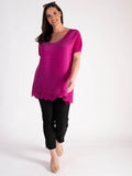 Elegant Fuschia Plissé Short Sleeve Top with Chic Hem Cut-Out Detail