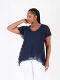 Dark Navy Double Layer Split Sleeve V-Neck Top