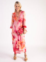 Pink/Orange Watercolour Floral Print Mesh Maxi Dress with Beaded Neckline