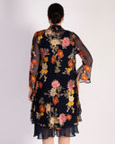 Navy Chrysanthemum Print Silk Devoree Swing Jacket with Split Cuff Detail