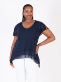 Dark Navy Double Layer Split Sleeve V-Neck Top