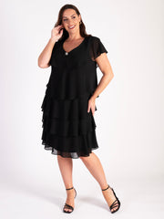 Black Chiffon Multi Tiered Dress With Diamante Detail