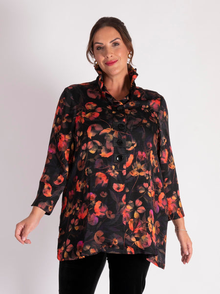 Floral Noir Black/Red Floral Print Wire Collar Blouse