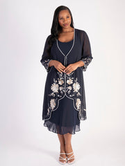 Navy Chiffon Coat with White/Gold Bead & Sequin Detailing