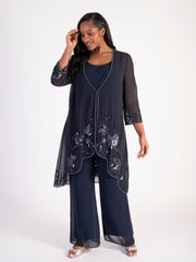 Navy Chiffon Coat with Matt Gunmetal Beads & Sequins