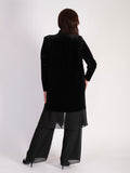 Black Stretch Velvet Long Coat with Contrast Chiffon Trim