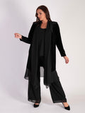 Black Stretch Velvet Long Coat with Contrast Chiffon Trim