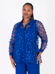 Cobalt 3-D Daisy Embroidered Mesh Shirt with Chiffon Trim