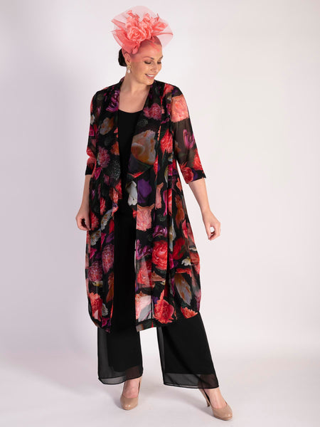 Black/Multi Rose Bouquet Print Shawl Collar Chiffon Coat