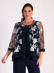Navy/Multi Floral Embroidered Mesh Jacket with Chiffon Trim