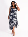 Navy/Silver Burnout Floral Leaf Dress and Jacket Set
