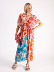 Pink/Orange Botanical Print 100% Silk Dress with Plaited Cord Detail