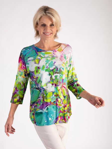 Green/Multi Abstract Spring Flowers Batwing Top