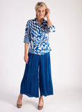 Royal Blue/White Abstract Geometric Swirls Pleated Shirt - Promotion Until 8th May 2024